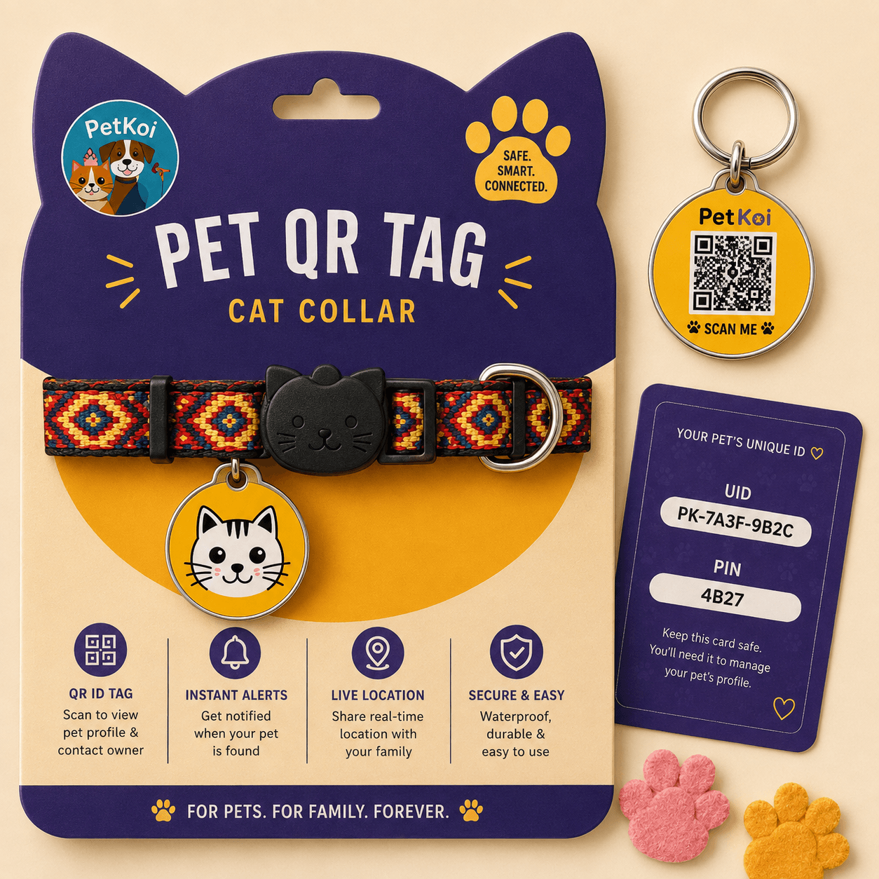 Close-up of the Pet Koi smart tag with UID and PIN packaging
